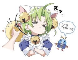  1boy 1girl ^^^ ahoge animal_hat apron bell blue_dress blush cat_hat closed_mouth cropped_shoulders crossed_arms dejiko di_gi_charat dress frilled_apron frills fujiwara_tatsuroo gema gloves grabbing_another&#039;s_face green_eyes green_hair hair_bell hair_ornament hat head_tilt highres jingle_bell looking_at_viewer meme neck_bell open_mouth parted_bangs pov_cheek_grabbing_(meme) puffy_short_sleeves puffy_sleeves raised_eyebrows robot short_hair short_sleeves speech_bubble translation_request wavy_mouth white_apron white_background white_gloves white_hat 