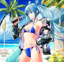  1girl aqua_nails bangs bare_shoulders bikini black_jacket blue_bikini blue_eyes blue_hair blue_sky bottle breasts cleavage cloud cola commentary_request cowboy_shot day grin hair_rings hand_on_hip hand_up hatsune_miku holding holding_bottle innertube jacket long_hair long_sleeves nail_polish navel ocean off_shoulder open_clothes open_jacket outdoors palm_tree side-tie_bikini sidelocks sky small_breasts smile solo standing stomach swimsuit thighs tree very_long_hair vocaloid water yokaze_(yokajie) 
