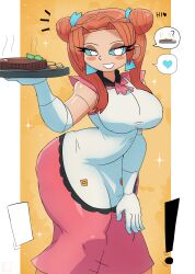  ! 1girl apron blue_eyes blush breasts double_bun dress earrings food gloves grin hair_bun heart holding jewelry lara_(tony_welt) large_breasts leaning_forward long_hair looking_at_viewer maid orange_hair pink_apron pink_dress short_sleeves smile sparkle speech_bubble spoken_food spoken_heart standing steak teeth thick_thighs thighs tony_welt tray twintails white_gloves wide_hips yellow_background 