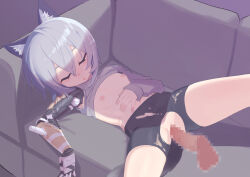  1girl animal_ears bike_shorts breasts censored closed_eyes clothes_lift couch disembodied_penis erection fox_ears fox_girl fox_tail grey_hair highres jaana_kettu lolicom lying mechanical_arms mosaic_censoring nipples on_back original penis prosthesis prosthetic_arm rape sex shirt_lift short_hair single_mechanical_arm sleep_molestation sleeping small_breasts spread_legs tail torn_bike_shorts torn_clothes vaginal 