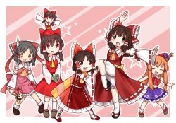  6+girls :3 :d ascot benikurage_(cookie) black_footwear black_hair bloomers blush boots bow brown_eyes brown_footwear brown_hair brown_horns closed_eyes collared_shirt commentary_request cookie_(touhou) cup detached_sleeves dress fang fighting_stance frilled_bow frilled_hair_tubes frilled_shirt_collar frilled_skirt frills full_body hair_bow hair_tubes hakurei_reimu holding holding_cup holding_wand horns ibuki_suika kanna_(cookie) long_hair looking_at_viewer medium_bangs medium_hair middle_finger mini_person minigirl multiple_girls nekocookie114 open_mouth orange_hair orange_scarf pink_scarf pink_shirt pink_skirt purple_skirt red_bow red_dress red_eyes red_shirt red_skirt reu_(cookie) ribbon-trimmed_sleeves ribbon_trim sakenomi_(cookie) sananana_(cookie) scarf shirt shoes short_hair sidelocks skirt skirt_set sleeveless sleeveless_dress sleeveless_shirt smile socks star_(symbol) striped_clothes striped_scarf sweatdrop touhou underwear wand white_bloomers white_footwear white_sleeves white_socks wide_sleeves yamin_(cookie) yellow_ascot yellow_eyes yin_yang yunomi 