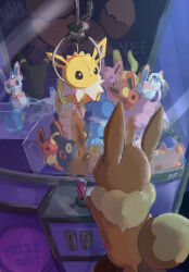  arcade character_doll character_name chufflepop commentary crane_game creatures_(company) eevee english_commentary espeon flareon game_freak gen_1_pokemon gen_2_pokemon gen_4_pokemon gen_6_pokemon glaceon highres indoors jolteon leafeon nintendo pokemon pokemon_(creature) reflection sylveon umbreon vaporeon 