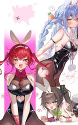  3girls :d ? alternate_costume animal_ear_fluff animal_ear_hairband animal_ears arm_strap arms_behind_back bare_shoulders black_leotard black_pantyhose blue_hair blush bow bow_choker braid breast_press breasts brown_hair carrot_hair_ornament clenched_hands clothing_cutout cosplay cutout_above_navel detached_collar fake_animal_ears fake_tail fang food-themed_hair_ornament framed_breasts fur_collar green_eyes hair_between_eyes hair_bow hair_ornament hair_ribbon hairband heart heart-shaped_pupils heart_cutout heart_hairband heterochromia highres hikimayu hololive houshou_marine implied_bondage large_breasts leaning_forward leotard long_hair lying medium_breasts multicolored_hair multiple_girls natsuiro_matsuri on_stomach open_mouth pantyhose playboy_bunny pom_pom_(clothes) profile rabbit_ears rabbit_girl rabbit_hole_(vocaloid) rabbit_tail red_bow red_eyes red_hair red_ribbon ribbon short_eyebrows shuri_(84k) side_ponytail sidelocks skin_fang smile spoken_heart spoken_question_mark spring_rider sweatdrop symbol-shaped_pupils tail teardrop_facial_mark torn_clothes torn_pantyhose twin_braids twintails twitter_username two-tone_hair usada_pekora v_arms virtual_youtuber vocaloid white_hair wrist_ribbon yellow_eyes 