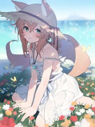  1girl animal_ears arm_support barefoot blue_sky blush breasts brown_hair cleavage commentary_request dress ears_through_headwear field flower flower_field green_eyes hat highres jewelry looking_at_viewer necklace ocean original outdoors red_flower sawayaka_samehada short_hair sky small_breasts smile spaghetti_strap straw_hat sundress tail white_dress white_flower yellow_flower 