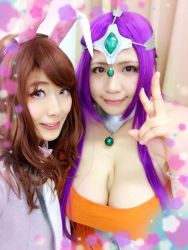  2girls asian breasts chouzuki_maryou cosplay dragon_quest dragon_quest_iv enix large_breasts minea_(dq4) minea_(cosplay) multiple_girls photo_(medium) plump purple_hair 