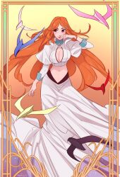  1girl absurdres art_deco bird bleach breasts cleavage cleavage_cutout clothing_cutout crop_top flower gradient_background grey_eyes hair_flower hair_ornament highres inoue_orihime juliet_sleeves large_breasts long_hair long_skirt long_sleeves looking_to_the_side midriff navel orange_hair parted_bangs puffy_sleeves shirt skirt skirtzzz smile solo wavy_hair white_shirt 