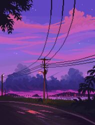  commentary english_commentary evening grass jubilee_(8pxl) no_humans original outdoors pink_clouds pixel_art power_lines purple_sky road scenery sky tree utility_pole 