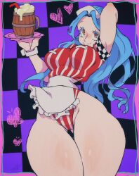  1girl alcohol apron arm_behind_head bare_legs beer black_background blue_hair border breasts brown_eyes checkered_background closed_mouth colored_eyelashes cowboy_shot drink drinking_straw female_focus groin heart highleg highleg_leotard highres holding holding_drink holding_plate kanikanipan3740 large_breasts legs_together leotard long_hair looking_at_viewer narrow_waist nefertari_vivi one_piece outside_border pink_border plate purple_background red_leotard short_sleeves smile solo standing striped_clothes tareme thick_thighs thighs two-tone_leotard vertical-striped_clothes waitress_uniform white_leotard wrist_cuffs  rating:Sensitive score:20 user:r0tan1