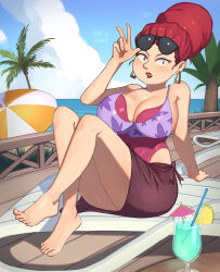  1girl bare_legs barefoot barleyshake blue_sky breasts brown_skirt chair cleavage cloud cloudy_sky cup drinking_straw earrings feet food fruit full_body grass highres hoop_earrings ice ice_cube jewelry knees_up large_breasts legs lemon lemon_slice one-piece_swimsuit purple_one-piece_swimsuit sheila_broflovski signature sitting skirt sky solo south_park sunglasses swimsuit toenails toes tree umbrella 