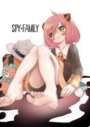  1girl absurdres anya_(spy_x_family) artist_request barefoot baseball blush book director_chimera_(spy_x_family) feet female_focus green_eyes hat highres looking_at_viewer medium_hair pink_hair pout shorts soles spy_x_family stuffed_animal stuffed_toy toes  rating:Sensitive score:80 user:ssfl