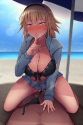 1girl arm_support beach beach_umbrella bikini black_bikini blue_eyes blue_sky blush breasts clothed_sex cum day fate/apocrypha fate/grand_order fate_(series) finger_to_mouth front-tie_bikini_top front-tie_top hair_between_eyes hairband highres hiroyuki_koto jacket jacket_over_swimsuit jeanne_d&#039;arc_(fate) jeanne_d&#039;arc_(ruler)_(fate) jeanne_d&#039;arc_(swimsuit_archer)_(fate) jeanne_d&#039;arc_(swimsuit_archer)_(first_ascension)_(fate) large_breasts lens_flare long_hair naughty_face ocean sand sex shore shushing sky smile solo_focus straddling swimsuit umbrella unworn_bikini_bottom water rating:Explicit score:91 user:danbooru