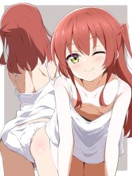 1girl bare_arms bare_legs bocchi_the_rock! borgbutler breasts camisole closed_mouth collarbone from_behind highres kita_ikuyo leaning_forward long_hair multiple_views one_eye_closed one_side_up panties red_hair simple_background small_breasts smile solo underwear white_camisole white_panties yellow_eyes 