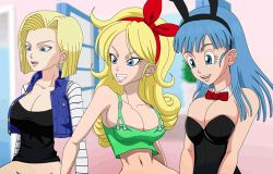  3girls :d android_18 animal_ears animated animated_gif aqua_hair arm_support arms_at_sides bare_arms bare_shoulders black_leotard black_tank_top blonde_hair bottomless bouncing_breasts bow bowtie breasts bulma cleavage clenched_teeth collarbone detached_collar dragon_ball dragonball_z earrings fake_animal_ears female_focus girl_on_top green_tank_top grin hairband happy happy_sex jacket jewelry large_breasts leotard long_hair looking_down lowres lunch_(dragon_ball) multiple_girls navel neck necrolust open_clothes open_jacket open_mouth playboy_bunny rabbit_ears red_bow red_hairband red_neckwear round_teeth sex short_hair sidelocks smile strapless strapless_leotard tank_top teeth upper_body 