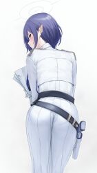  1girl akita_hika aoi_(blue_archive) ass back belt blue_archive blue_eyes blue_hair blue_necktie blush breasts cropped_jacket gloves gun halo high-waist_pants highres holster jacket long_sleeves looking_at_viewer looking_back medium_breasts mole mole_under_eye necktie pants pointy_ears short_hair sidelocks solo weapon white_gloves white_jacket white_pants  rating:Sensitive score:39 user:danbooru