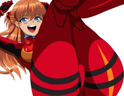  1girl alcione_makoto ass ass_focus blue_eyes bodysuit brown_hair cameltoe feet_out_of_frame foreshortening highres huge_ass long_hair looking_at_viewer neon_genesis_evangelion plugsuit red_bodysuit shirt skindentation smile solo source_request souryuu_asuka_langley transparent_background wide_hips 