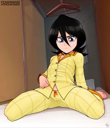 1girl artist_name barefoot black_hair bleach breasts buttons closed_mouth closet clothes_hanger collared_shirt determined door drawstring feet fenixman12 full_body futon hair_between_eyes highres indoors kuchiki_rukia leaning_back light_smile long_sleeves midriff_peek on_bed paid_reward_available pajamas pants pillow pulling purple_eyes shirt short_hair signature sitting small_breasts solo spread_legs thighs toes v-shaped_eyebrows wariza yellow_pajamas yellow_pants yellow_shirt rating:Sensitive score:332 user:danbooru