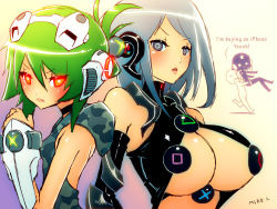  2girls :3 breasts cleavage console english_text game_console green_hair grey_eyes grey_hair iphone-tan large_breasts microsoft mike_inel multiple_girls personification product_girl ps3-tan red_eyes red_ring_of_death text_focus xbox xbox_360 xbox_360-tan  rating:Questionable score:98 user:danbooru