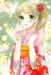 1girl blush brown_hair elize_lutus flower green_background green_eyes highres japanese_clothes kimono long_hair open_mouth rose side_ponytail tales_of_(series) tales_of_xillia rating:Sensitive score:1 user:wereAR
