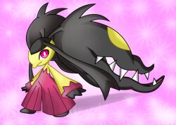  artist_request closed_mouth creatures_(company) extra_mouth full_body game_freak gen_3_pokemon long_hair mawile mega_mawile mega_pokemon nintendo open_mouth pokemon pokemon_(creature) red_eyes sharp_teeth simple_background smile solo standing teeth 