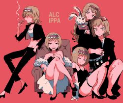 5girls alcohol alice_margatroid armchair black_dress black_eyes black_footwear black_pants breasts carrying chair cigarette cleavage closed_mouth commentary_request cookie_(touhou) cropped_jacket cup dress drinking_glass elbow_gloves fluffy_fluffy_rabbit-chan formal frilled_hairband frills full_body gloves hair_between_eyes hair_over_eyes hairband highres hinase_(cookie) holding holding_cigarette ichigo_(cookie) jacket jigen_(cookie) long_bangs long_hair looking_at_viewer medium_bangs medium_breasts multiple_girls one_eye_closed open_clothes open_jacket open_mouth pants red_background red_hairband rikadai sakuranbou_(cookie) sharp_teeth shoes short_hair shoulder_carry simple_background sitting smile smoking standing strapless strapless_dress stuffed_animal stuffed_rabbit stuffed_toy suit taisa_(cookie) tank_top teeth touhou white_gloves white_tank_top wine wine_glass yellow_eyes 