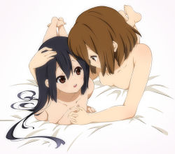 2girls bad_id bad_pixiv_id barefoot black_hair brown_eyes brown_hair completely_nude couple feet female_focus happy hirasawa_yui holding_hands k-on! long_hair lying multiple_girls nakano_azusa nude official_style on_stomach ragho_no_erika short_hair smile toes yuri rating:Questionable score:98 user:danbooru