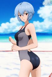  1girl ass ayanami_rei bare_arms beach black_one-piece_swimsuit blue_hair blue_sky blurry blurry_background bob_cut breasts cloud competition_swimsuit cowboy_shot grey_one-piece_swimsuit hair_between_eyes highres medium_breasts neon_genesis_evangelion ocean one-piece_swimsuit open_mouth red_eyes short_hair shugo19 sky solo standing swimsuit two-tone_swimsuit  rating:Sensitive score:28 user:danbooru