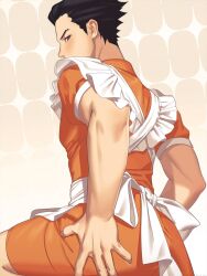  1boy ace_attorney apron back black_hair brown_eyes cowboy_shot dress hair_slicked_back hand_on_own_ass highres kune_akiro light_blush looking_at_viewer looking_back maid maid_apron male_focus orange_background orange_dress phoenix_wright short_sleeves solo sparkle_background white_apron 