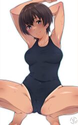  1girl armpits arms_behind_head blue_eyes blue_one-piece_swimsuit blush breasts brown_hair cameltoe closed_mouth collarbone covered_navel em_(totsuzen_no_hakike) large_breasts looking_at_viewer new_school_swimsuit one-piece_swimsuit original school_swimsuit shiny_skin short_hair simple_background smile solo spread_legs swimsuit tan tanline white_background 
