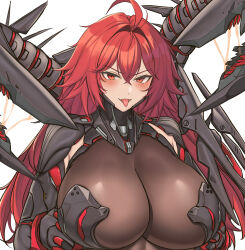  1girl absurdres ahoge arm_armor armor black_armor blush bodystocking boobplate breastplate breasts chinese_commentary cleavage commentary crossed_bangs fangs goddess_of_victory:_nikke grabbing_own_breast hair_between_eyes hair_intakes highres huge_breasts long_hair looking_at_viewer mechanical_tail nihilister_(nikke) open_mouth red_eyes red_hair rigging see-through see-through_cleavage sidelocks simple_background solo standing tail tongue tongue_out upper_body white_background yijie_xianyu 
