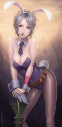  1girl animal_ears arm_support artist_name bad_id bad_pixiv_id battle_bunny_riven breasts brown_eyes rabbit_ears rabbit_tail playboy_bunny cleavage dated detached_collar fake_animal_ears gloves large_breasts league_of_legends leaning_forward leotard lips looking_at_viewer necktie outdoors pantyhose riven_(league_of_legends) short_hair silver_hair single_glove solo standing tail v_arms vasily_(run211) weapon wrist_cuffs 