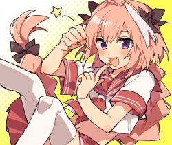  1boy astolfo_(fate) astolfo_(sailor_paladin)_(fate) black_bow blush bow braid clenched_hand fang fate/apocrypha fate/grand_order fate_(series) finger_to_mouth hair_bow hair_ribbon long_braid long_hair male_focus midriff multicolored_hair navel neckerchief official_alternate_costume open_mouth pink_hair ponpoko protected_link purple_eyes red_neckerchief red_sailor_collar red_skirt ribbon sailor_collar school_uniform serafuku shirt short_sleeves single_braid skirt smile solo star_(symbol) streaked_hair thighhighs trap two-tone_hair very_long_hair white_hair white_shirt white_thighhighs 