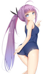  1girl absurdres ahoge arm_behind_back ass azur_lane bad_id bad_pixiv_id bare_shoulders black_ribbon blue_eyes blue_one-piece_swimsuit blush breasts catnnn commentary_request hair_ribbon highres long_hair looking_at_viewer medium_breasts one-piece_swimsuit ponytail purple_hair revision ribbon school_swimsuit simple_background solo swimsuit tashkent_(azur_lane) white_background  rating:Sensitive score:19 user:danbooru