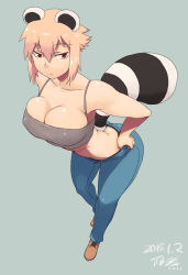 1girl 2015 animal_ears araiguma-san blonde_hair breasts butt_crack cleavage clothes_pull covered_erect_nipples dated denim expressionless from_above grey_background huge_breasts jeans large_breasts leaning_forward looking_at_viewer open_fly original pants pants_pull raccoon_ears raccoon_tail red_eyes shiny_clothes shoes short_hair sidelocks signature simple_background solo tail tsukudani_(coke-buta) unzipped rating:Sensitive score:102 user:BlueBaroness