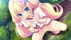 1girl black_pants blonde_hair blush bottomless bug bush butterfly chuablesoft fang from_above grass green_eyes hair_ornament hair_ribbon insect komachi_mahiru loli long_hair looking_at_viewer looking_up mango_purin open_mouth pants unworn_pants peeing pink_footwear puddle pussy ribbon shirt shoes short_sleeves squatting steam tears twintails uncensored v watashi_ga_suki_nara_&quot;suki&quot;_tte_itte! white_shirt rating:Explicit score:34 user:cpee
