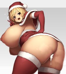  1girl ass blonde_hair blush breasts brown_eyes christmas cum cum_in_pussy curvy elbow_gloves fur_trim gigantic_breasts gloves hat highres huge_ass huge_breasts makino_momiji_(artist) nipples no_panties original puffy_nipples santa_costume santa_hat short_hair solo thick_thighs thighs uncensored v  rating:Explicit score:96 user:JustHere4Butts