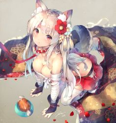 1girl 2018 all_fours animal_ears ass azur_lane bandages bandages_around_chest bare_shoulders blush breasts butt_crack cleavage collar deecha eyebrows floral_print flower food hair_flower hair_ornament highres japanese_clothes long_hair looking_at_viewer pet_play red_eyes sarashi signature silver_hair solo tail tassel white_legwear yuudachi_(azur_lane) yuudachi_(shogun_of_snowballs)_(azur_lane) rating:Questionable score:24 user:danbooru