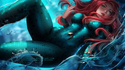  1girl aquaman_(series) bodysuit breasts cleavage dc_comics deviantart_username diving_suit green_bodysuit green_eyes long_hair long_sleeves looking_at_viewer mera_(dc) olchas paid_reward_available patreon_username red_hair red_lips signature solo water wetsuit 