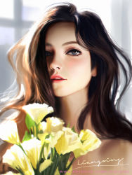 1girl bare_shoulders blue_eyes blurry blurry_background blurry_foreground brown_hair commentary english_commentary flower hair_over_one_eye highres liang_xing lips long_hair looking_at_viewer nose original parted_lips patreon_username realistic signature solo upper_body watermark web_address rating:Sensitive score:30 user:danbooru