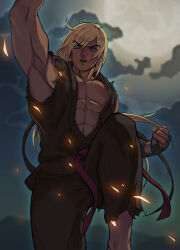  1boy abs alternate_color armpits black_pants black_shirt blonde_hair blue_eyes dougi embers fingerless_gloves forked_eyebrows gloves ken_masters knee_up long_hair looking_at_viewer low_ponytail male_focus muscular muscular_male ohji130 open_mouth pants pectorals shirt shouryuuken sleeveless street_fighter uppercut v-shaped_eyebrows 