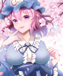  1girl :d blue_bow blue_hat blue_kimono blue_ribbon blue_sash blurry blurry_background bow breasts center_frills cherry_blossoms collarbone dot_nose falling_petals floating_hair frilled_bow frilled_shirt_collar frills hair_between_eyes hand_on_own_chest hat highres japanese_clothes kimono kisaragi_koushi large_breasts light_blush looking_at_viewer medium_hair mob_cap neck_ribbon open_mouth outdoors petals pink_eyes pink_hair pink_lips pointing pointing_at_self ribbon ribbon-trimmed_collar ribbon-trimmed_sleeves ribbon_trim saigyouji_yuyuko sash smile tareme teeth touhou triangular_headpiece upper_body upper_teeth_only wavy_hair white_veil wide_sleeves 
