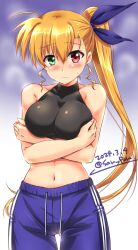  1girl artist_name bare_shoulders blonde_hair blue_pants blush breast_hold breasts closed_mouth dated gym_pants hair_ribbon heterochromia highres large_breasts long_hair looking_at_viewer lyrical_nanoha mahou_shoujo_lyrical_nanoha_strikers mahou_shoujo_lyrical_nanoha_vivid midriff navel pants ponytail ribbon san-pon side_ponytail signature simple_background solo sweat vivio  rating:Sensitive score:7 user:danbooru