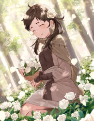  1girl ahoge backlighting bouquet breasts brown_cloak brown_footwear brown_hair cloak closed_eyes collared_cloak commission day facing_viewer field fire_emblem fire_emblem_fates flower flower_field freckles gauntlets hair_flower hair_ornament haru_(nakajou-28) highres holding holding_bouquet low_twintails mozu_(fire_emblem) nintendo on_ground outdoors parted_lips skeb_commission smile solo sunlight tree twintails white_flower white_petals 