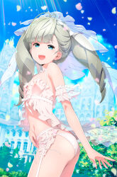  1girl aino_pekonen akata_itsuki antenna_hair arm_ribbon ass babydoll blue_eyes blue_sky breasts bridal_veil building commentary_request day drill_hair garter_belt garter_straps grey_hair highres kokoro_navi lingerie long_hair looking_at_viewer open_mouth outdoors panties ribbon see-through sky small_breasts smile solo sunlight tiara tree twin_drills underwear underwear_only veil white_babydoll white_panties white_ribbon 
