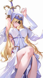  1girl arm_up black_blindfold blindfold blonde_hair blush breasts covered_erect_nipples covered_eyes goblin_slayer! hair_between_eyes highres jewelry large_breasts long_hair parted_lips priestess smile solo sword_maiden very_long_hair white_veil yin_lan_xue 