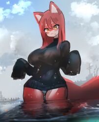  1girl absurdres animal_ears animal_nose battleship black_sweater blush body_fur breasts cloud fox_ears fox_girl fox_tail furry furry_female giant giantess gluteal_fold highres large_breasts long_hair military_vehicle no_pants original outdoors panties red_fur red_hair red_tail ship sky sleeves_past_wrists solo sweater tail thigh_gap thighs two-tone_fur underwear utta wading warship water watercraft wet wet_clothes white_fur white_panties yellow_eyes 