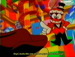 2boys black_pants blurry caine_(the_amazing_digital_circus) dentures derivative_work english_text fake_screenshot formal gloves gummigoo hat heterochromia indoors lueduar multiple_boys pants pointing red_suit screenshot_redraw suit the_amazing_digital_circus top_hat twitter_username white_gloves