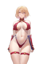 1girl absurdres arm_strap armor azur_lane bikini blonde_hair breasts breasts_apart cowboy_shot dido_(magicc) elbow_gloves fingerless_gloves gloves gluteal_fold gold_trim groin hair_between_eyes highleg highleg_bikini highres large_breasts looking_at_viewer navel official_alternate_costume parted_lips red_bikini short_hair simple_background skindentation solo stomach swimsuit thigh_strap thighs white_background wrist_guards z23_(azur_lane) z23_(upgrade_failure?!)_(azur_lane) rating:Sensitive score:49 user:danbooru