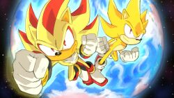  2boys clenched_hands earth_(planet) furry furry_male looking_at_viewer male_focus multiple_boys planet red_eyes shadow_the_hedgehog sonic_(series) sonic_adventure_2 sonic_the_hedgehog space star_(sky) super_shadow super_sonic virtanderson 