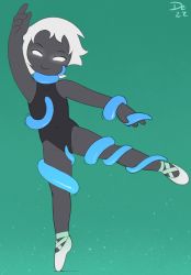  1girl ballet ballet_slippers colored_skin dezz empty_eyes glowing glowing_eyes grey_skin highres hiveswap joey_claire solo teal_background tentacles white_eyes white_hair  rating:Questionable score:17 user:purpleporrim