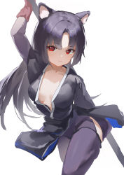  1girl absurdres animal_ears arknights black_hair black_kimono breasts chinese_commentary cleavage closed_mouth commentary_request cowboy_shot dog_ears gloves highres holding holding_polearm holding_weapon japanese_clothes kimono long_hair long_sleeves looking_at_viewer medium_breasts pink_gloves polearm purple_legwear red_eyes saga_(arknights) simple_background smile solo weapon white_background zombie_ke  rating:Sensitive score:12 user:danbooru